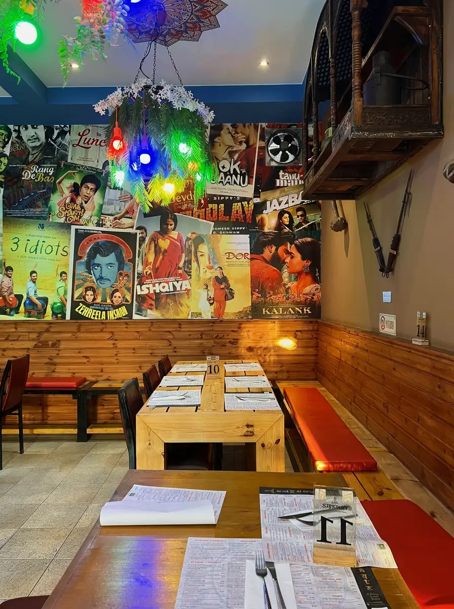 Naamaste restaurant interior — exposed brick and fairy lights