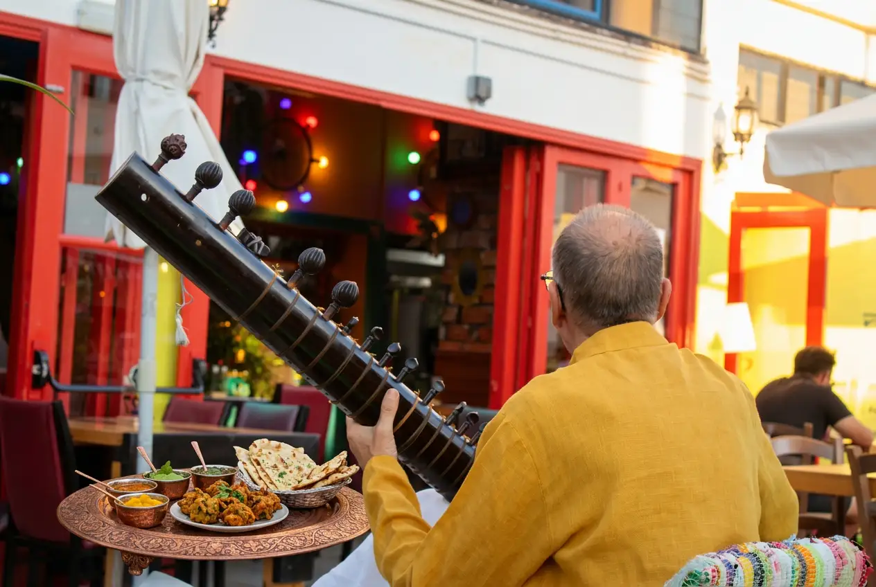 Live sitar player outside Naamaste